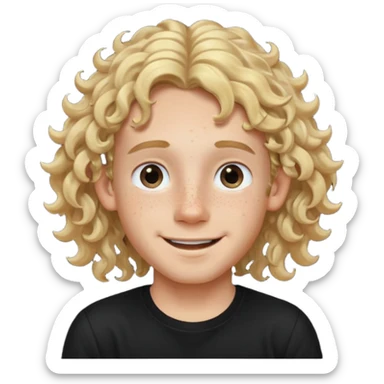 blonde boy with long curly hair past his ears, smiling, wearing a black shirt with freckles sticker