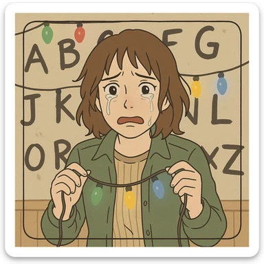 Joyce Byers trying to communicate with Will through Christmas lights on the wall, crying expression, holding the lights, simple line art, light pastel tones, thick outlines, Ghibli style, 1:1 format sticker