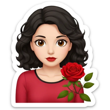 Olive brown eyed women with black wavy hair rose background red top sticker
