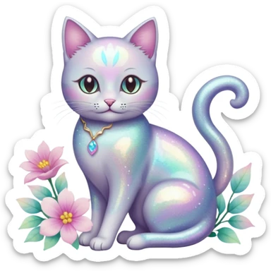 Pastel iridescent shiny ethereal elegant pretty beautiful realistic glossy glittery cat with flowers and pastel colors aesthetic sticker