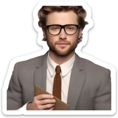 Joyful Celebrating victory Pale skinned Fit Man With dark brown hair in gray jacket, beige office shirt, Brown pants and vintage glasses sitting In a soft chair with a notebook and a pen sticker