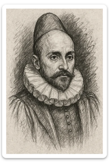 a hand drawn black outline portrait of philosopher Montaigne with similar-sized eyes based a famous portrait of him sticker