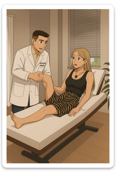 fai un webtoon/manga a colori con questo kinesiologo in camice bianco (fagli la scritta "ANTONIO ANANIA" SUL CAMICE) CHE SVOLGE UN TEST NEUROMUSCOLARE SOLLEVANDO UNA GAMBA ALLA RAGAZZA CHE è STESA SU UN LETTINO BIANCO. STANZA SEMPLICE E MODERNA, DURANTE IL TEST I DUE DIALOGANO TRA LORO. NON FARE I FUMETTI, FAI SOLO LORO COME SE DIALOGASSERO sticker