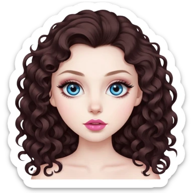 beautiful girl with big blue eyes, long lashes, pale skin, nice pink lips, and long & voluminous dark brown curls. she has baddie energy. we see her whole head down to her chest sticker