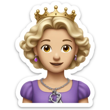 Caucasian Heidi wearing purple holding key and wearing a crown sticker