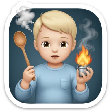 Baby with a spoon in one hand and lighter in the other with smoke coming off the spoon.  sticker