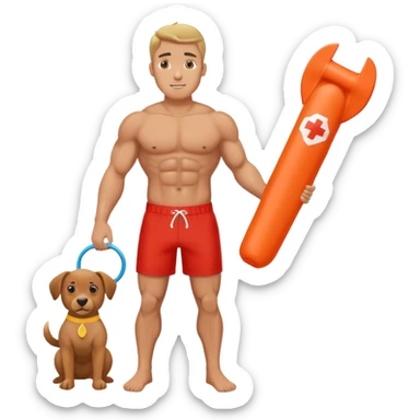 Muscular lifeguard man on beach with rescue tube sticker