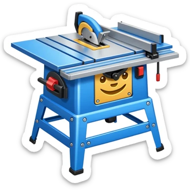 A table saw emoji with a metallic table and a blue blade sticker