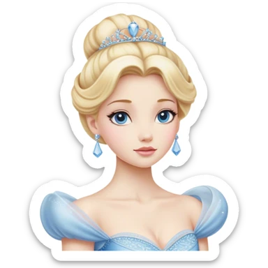 Cinematic Realistic Cinderella Portrait, depicted with lifelike porcelain skin, elegantly styled blonde hair, and a serene, graceful expression. Dressed in her classic ball gown with intricately detailed fabric textures and delicate pastel hues that catch soft, natural lighting, this portrait captures the timeless beauty of a fairy tale princess. sticker