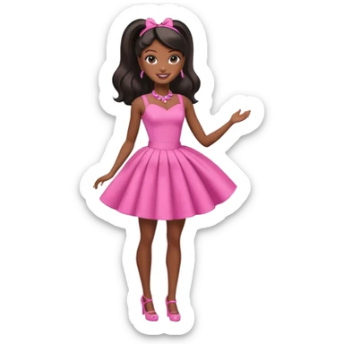 black barbie. typical barbie ponytail, pink dress, super pretty, full body, the only pink is her dress sticker