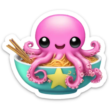 Kawaii neon star glitter octopus eating ramen emoji    sticker