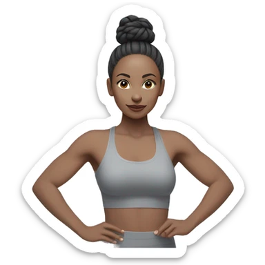 Pale skinned fit woman In a gray tight yoga suit and wristbands With black hair in a bun doing yoga sticker