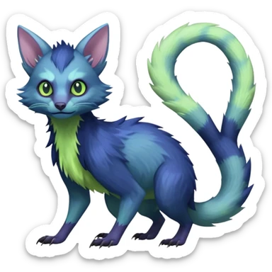 Realistic Sharp pastel-indigo and pastel lime-green detailed Colorful translucent luminescent Trico-Lykoi-Noibat-Sergal-Furret-Ferret-Wolverine-Vernid-furry-fursona-fusion-Fakemon-animal-hybrid-creature, full body sticker