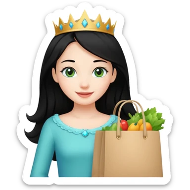 zadowlona czarnowłosa ksiezniczka z dlugimi wlosami i ma niebiesko zielone oczka jest zadowolona z zakupami sticker