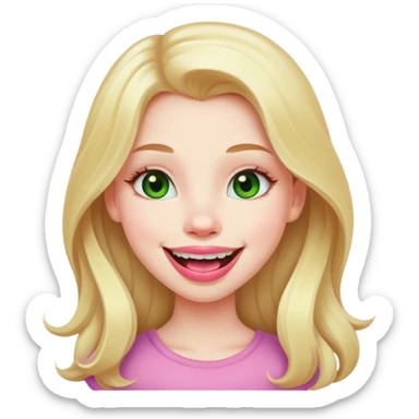 Young girl with pale skin, full pink lips smiling, blonde reddish long hair, big brown eyes with a hint of green, big mouth sticker