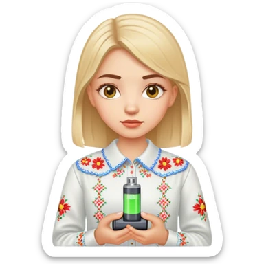 A Ukrainian girl in an embroidered shirt holds a battery sticker