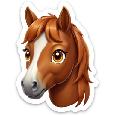 Cinematic Cute Chestnut Horse Portrait Emoji, Head tilted playfully and inquisitively, showcasing a glossy chestnut fur with a vibrant sheen and gentle, expressive amber eyes, Simplified yet irresistibly adorable features, highly detailed, glowing with a warm, friendly glow, high shine, affectionate and spirited, stylized with a touch of whimsy, bright and endearing, soft glowing outline, capturing the essence of a mischievous yet loving horse, so playful it feels like it could prance out of the screen and into your arms! sticker