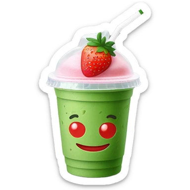 Strawberry iced matcha in takeaway plastic cup with flat lid and straw sticker