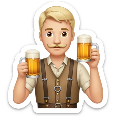 Oktoberfest man in lederhosen holding a beer with blond hair and a mustache sticker