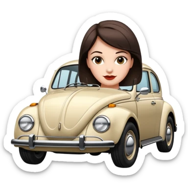 Pretty, sexy, slightly curvy white woman with short dark brown hair, beside a VW beetle sticker
