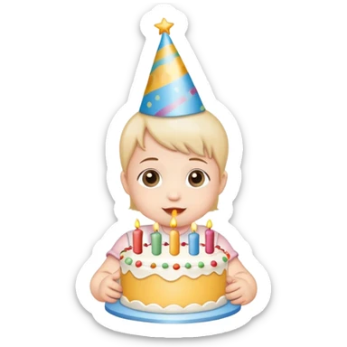 cute baby wearing birthday hat with birthday cake sticker