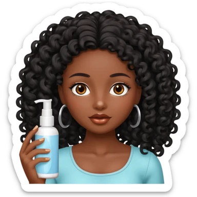 Uma boneca morena escura com olhos castanhos e cabelo cacheado longo preto, fazendo skin care sticker