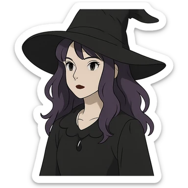 gothic woman with purple hair, witchy touch, in ghibli style sticker