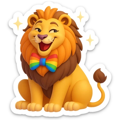 Make the proud and posh lion funny and flamboyantly gay, featuring a rainbow bowtie, sparkles, and a playful expression, in the style of 3D emoji with no background. sticker
