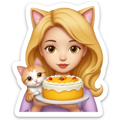 Beautiful girl holding a big mango cake and a kitten in her hands sticker