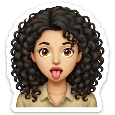 light brown woman sticking her tounge out, long black curly hair sticker
