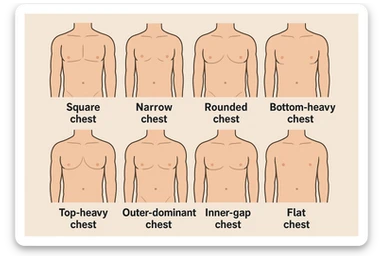 Make image of types of male chest shapes, few examples: Square chest, Narrow chest, Rounded chest, Bottom-heavy chest, Top-heavy chest, Outer-dominant chest, Inner-gap chest, Flat chest. sticker
