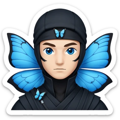 Crea un emoji para usar en WhatsApp con estos dos emoji 🥷🏻 🦋.
Ninja vestido de negro con ojos negros y con la piel blanca y una mariposa azul posada en su hombro izquierdo como si la mariposa estuviera volando en su hombro. sticker