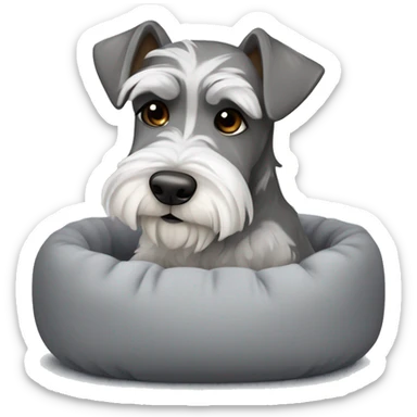 Grey and white mini schnauzer with dark brown eyes full body asleep in fluffy grey dog bed      sticker