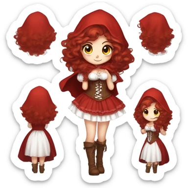 Little Red Riding Hood long curly red hair, brown corset and dress full body pose non-chibi sticker