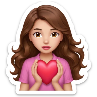 girl with long wavy brown hair, brown eyes, light to medium complexion, in a pink shirt, pink lips, long lashes, squeezing a big heart sticker