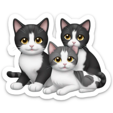 Family of 3 cats, a black one and white one and grey kitten sticker