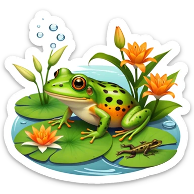 Icon for Amphibians: A colorful collage featuring a frog sitting on a lily pad, a salamander crawling on the ground and a newt swimming in water. The background features lily flowers and a calm pond setting. Transparent background. sticker