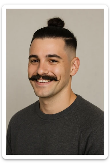 guy with a moustache and a man bun, low taper fade haircut, smiling, neutral background sticker
