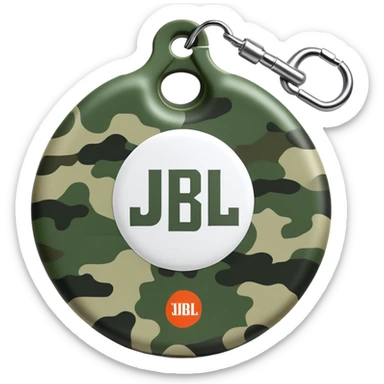 Extremely simple JBL Clip 4, clean circular form with hook, just 2-3 green camo elements, prominent JBL logo, iOS emoji style sticker