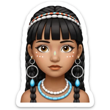 Chica indígena con maquillaje tradicional de indígenas con puntos y rayas, pelo liso y flequillo, con aretes de candongas grandes  sticker