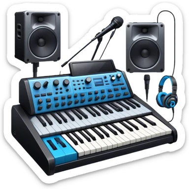Create a professional and detailed emoji that represents sound design. The design should feature a high-end studio synthesizer (like the Korg), a sound mixing console with visible wires, large studio speakers, and a microphone to symbolize the essential equipment in sound design. Add musical note waves flowing around the equipment to emphasize the connection between sound creation and musical composition. Use sleek, modern colors like black, silver, and neon blue to represent the professional and futuristic nature of sound design. The background should be transparent. sticker