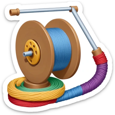 showing a hand neatly winding thread around a spool, yarn reel, or cable roll — showing the action of wrapping or coiling something around — smooth motion lines indicating circular movement, clean colorful emoji-style design sticker