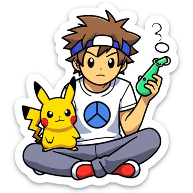 21 yo Handsome Ash Ketchum using a bong with picachu on his head sticker