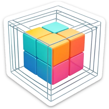 Create an emoji for 3D visualization and modeling. Show a 3D object (e.g., a cube or geometric shape) with wireframe lines or a 3D modeling tool interface. Use modern, professional colors. Do not include any emojis or smiley faces. Make the background transparent. sticker