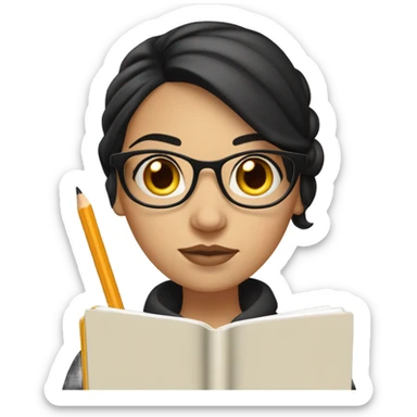An caucasian woman with Black hair with a bun in the top of her head, she has glasses, she is writing a note on her notebook, we can see her pencil while writing sticker