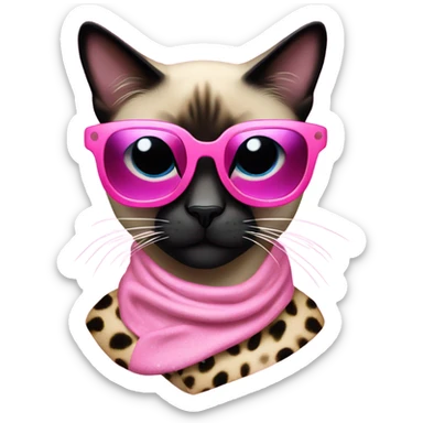 Siamese cat, wearing a leopard print scarf and futuristic pink glitter sunglasses sticker