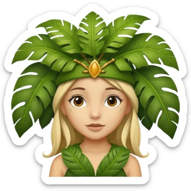 a girl with jungle wearing a large leaf headgear bye  sticker
