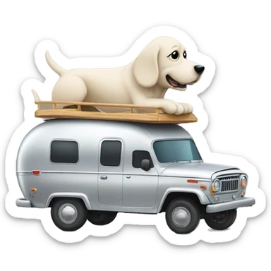 A dog driving a jeep pulling an airstream trailer sticker