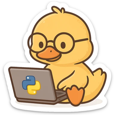 Animated duck wearing glasses, programming Python on a laptop, in a cute cartoon style sticker