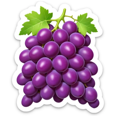 3D iPhone style emoji of a bunch of grapes, plump and shiny, purple color, attached to a small green stem, isolated on white background, soft shadows, high detail, playful and cute. sticker